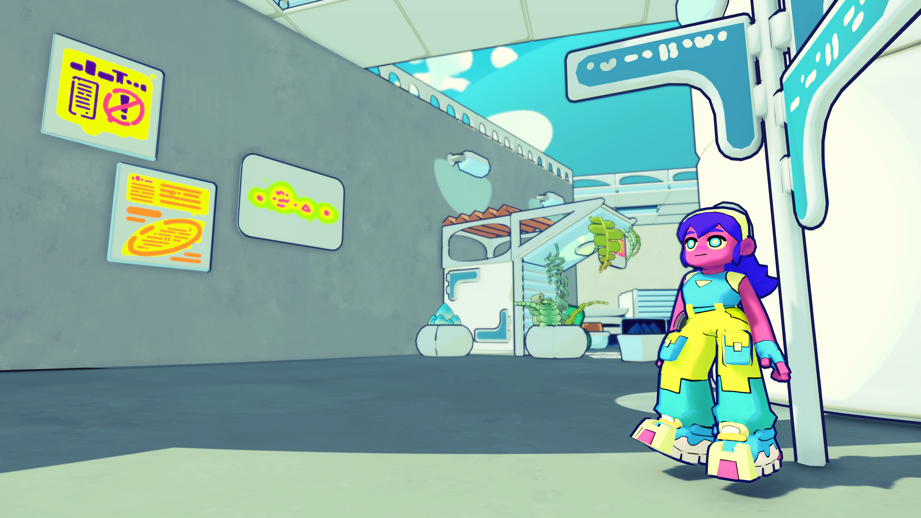 A screenshot from the game showing Carla standing in an alley with colourful market signage around her.